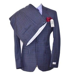 New Jos A‎ Bank Slim Fit Plaid Check 2pc Blue Suit Jacket Size 40-R Pant 35